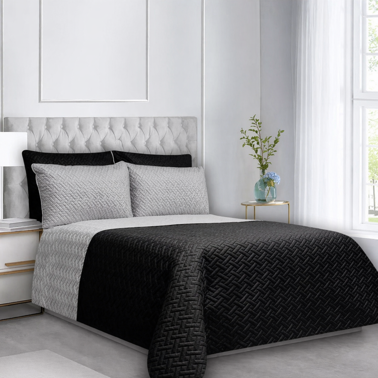 Colcha Doble Faz Negro y Gris – Confort Suave en Polialgodón + Fundas Incluidas