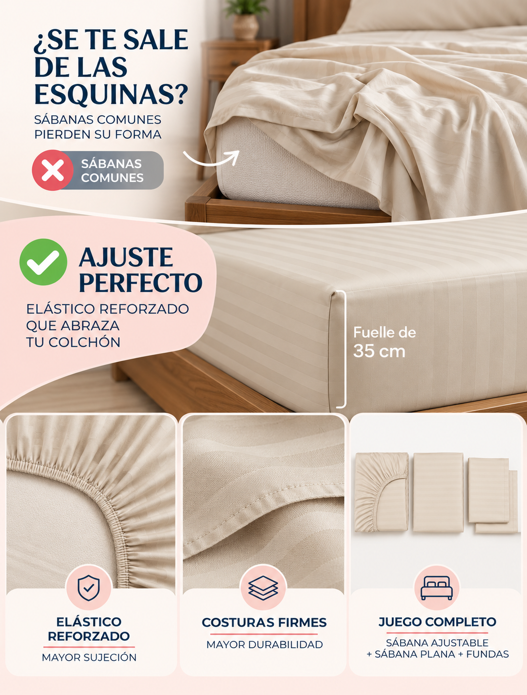 Sábana ajustable con elástico reforzado que no se sale de las esquinas del colchón