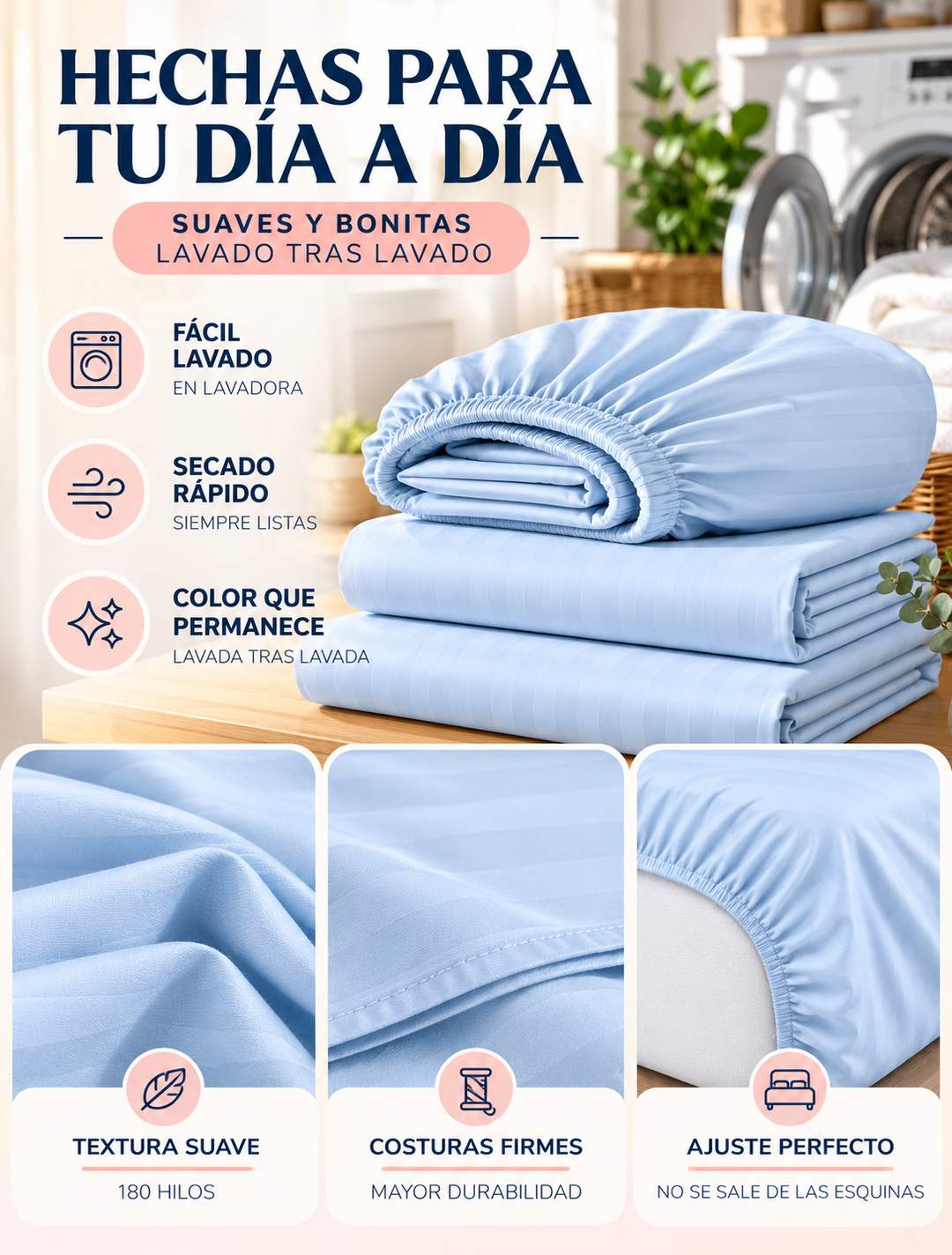 Sábanas fáciles de lavar, de secado rápido y con color que permanece lavado tras lavado