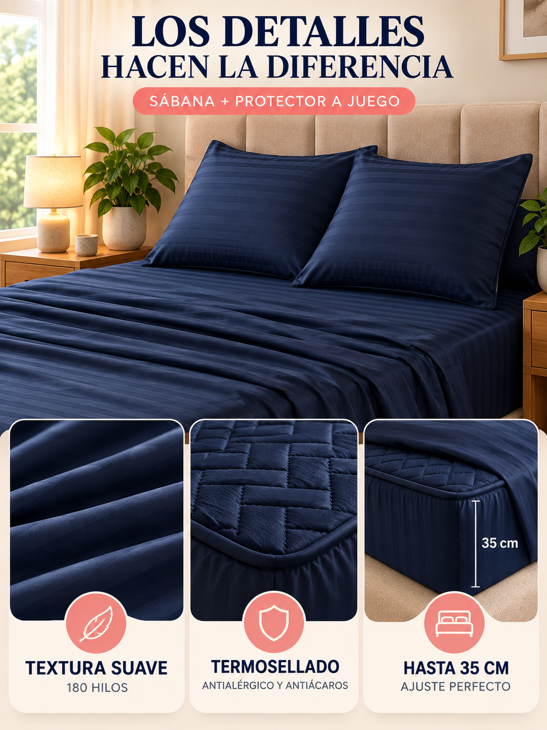Detalles de las sábanas: textura suave de 180 hilos, costuras firmes y fuelle de 35 cm