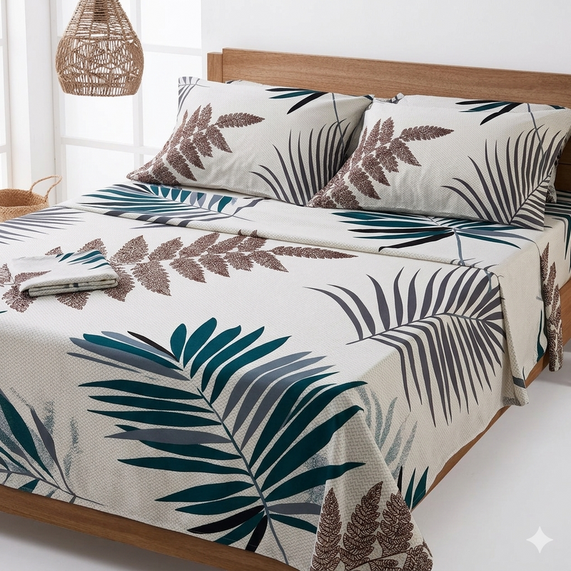 Juego de Sábanas Estampado Hojas Premium 180 Hilos Ajuste Perfecto