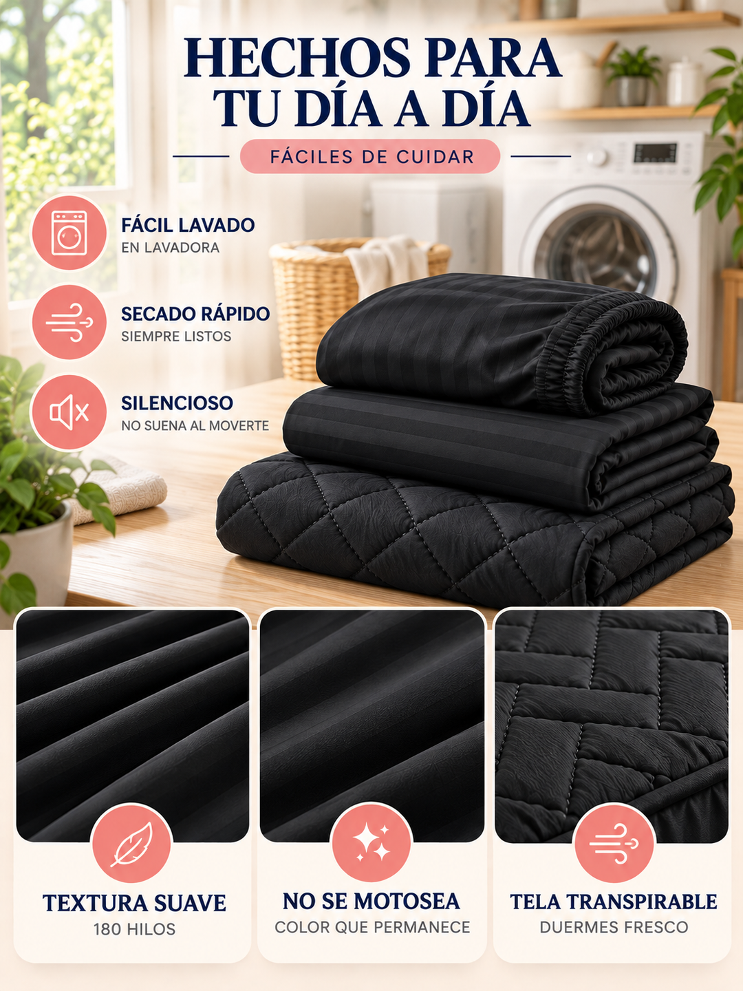 Sábanas fáciles de lavar, de secado rápido y con color que permanece lavado tras lavado