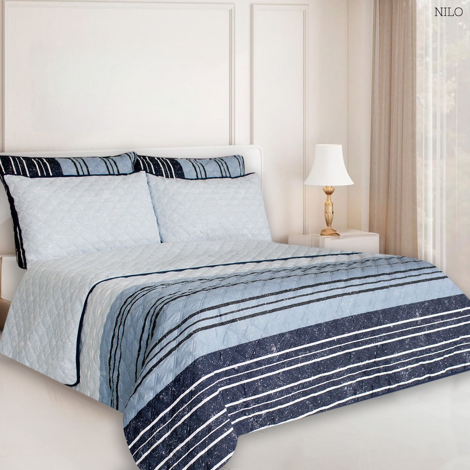 Colcha Doble Faz Rayas en Tonos Azules – Confort Suave en Polialgodón + Fundas Incluidas (215×240 cm)