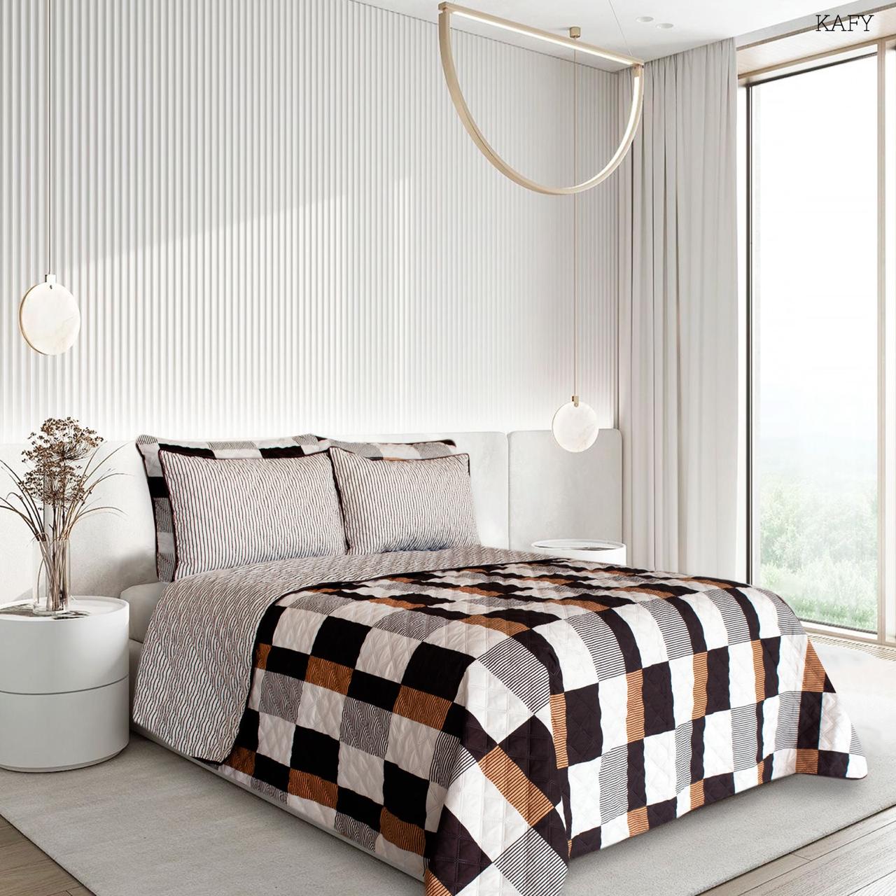 Colcha Doble Faz Elegante en Cuadros Negro y Café – Confort Suave en Polialgodón + Fundas Incluidas